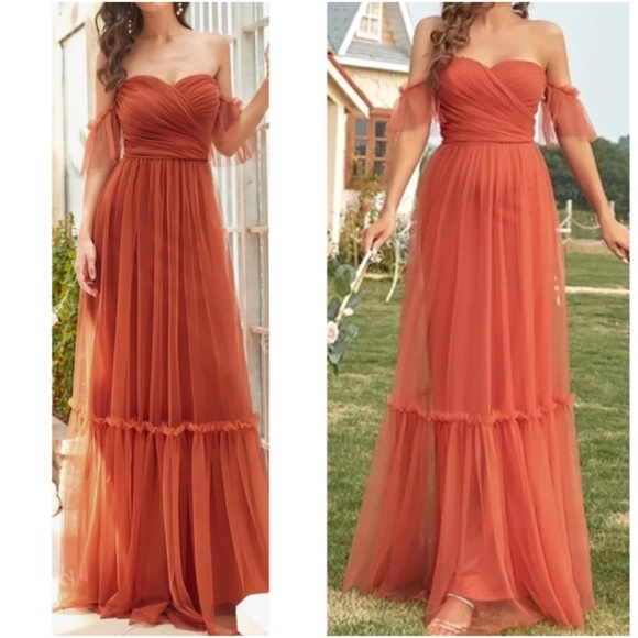 Luxe Mesh Off Shoulder Bridal Prom Formal Maxi Dress - Picture 6 of 11